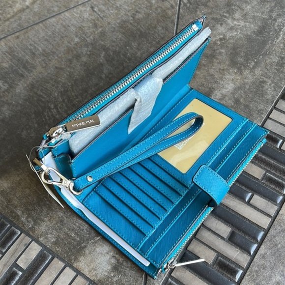 Michael Kors Large Double Zip Leather Wallet Wristlet Phone Case Lagoon - Picture 6 of 16